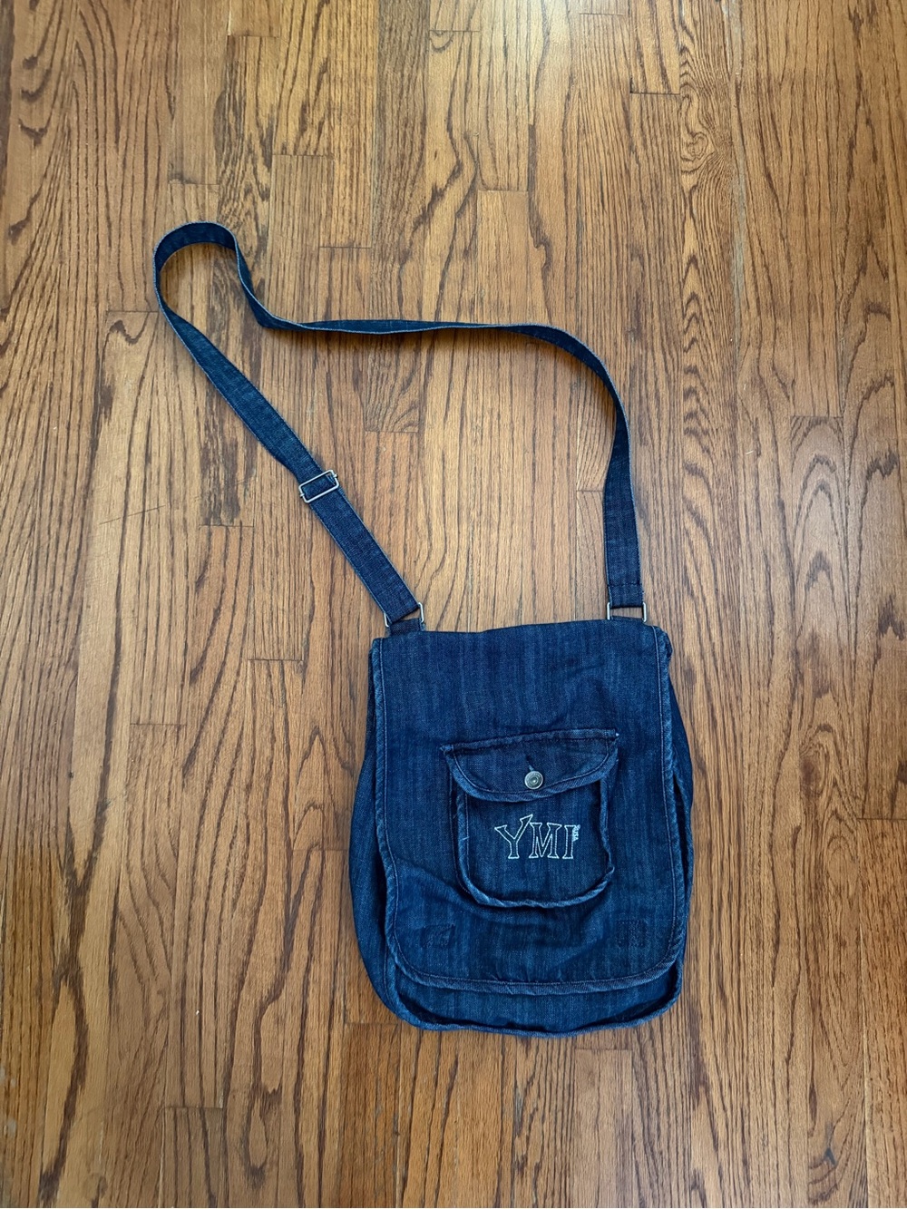 Vintage YMI Dark Wash Denim Crossbody Messenger Bag Embroidered Logo 90s Y2K